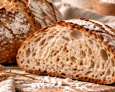 A halved sourdough loaf showing an open, airy crumb