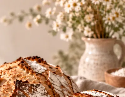 Dried daisies in a speckled ceramic jug on the baking table