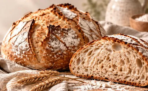 Two rustic sourdough loaves on a linen cloth with wheat stalks