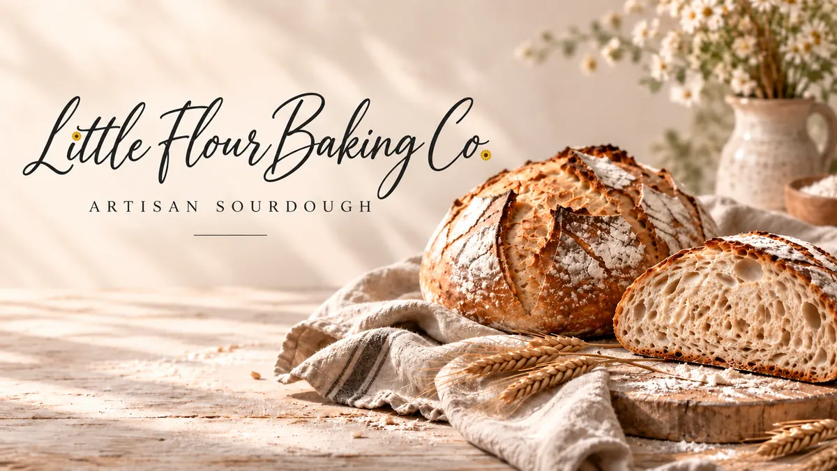 Little Flour Baking Co. logo, Artisan Sourdough, beside rustic sourdough loaves on linen